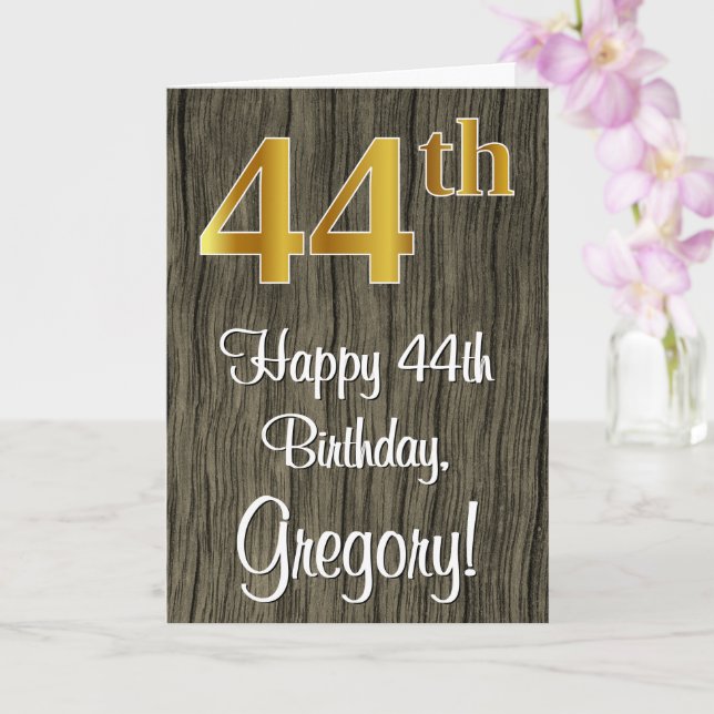44th Birthday: Elegant Faux Gold Look #, Faux Wood Card (Orchid)