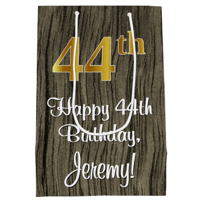 44th Birthday: Elegant Faux Gold Look #, Faux Wood Medium Gift Bag (Back)