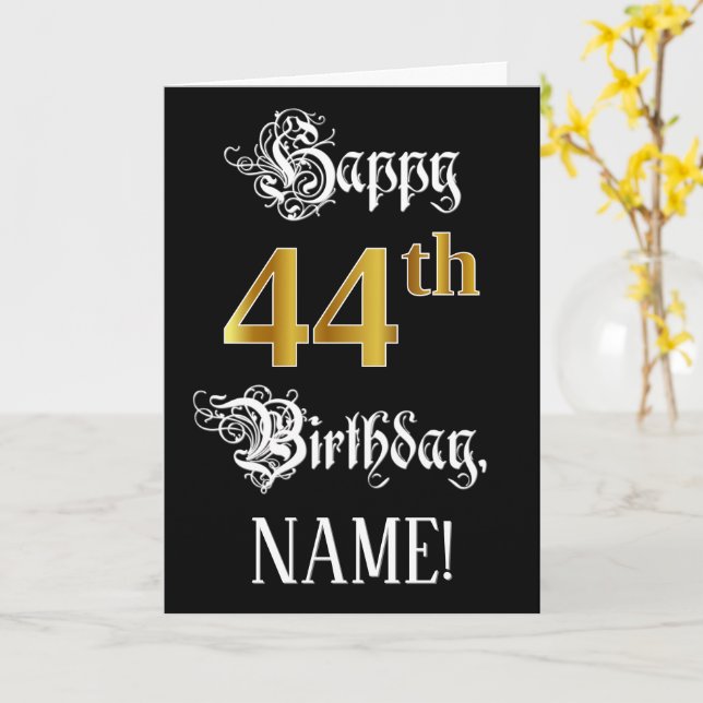44th Birthday — Fancy Script; Faux Gold Look; Name Card (Yellow Flower)