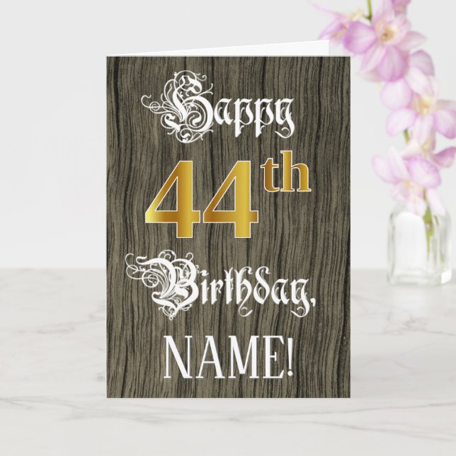 44th Birthday: Faux Gold Look + Faux Wood Pattern Card (Orchid)