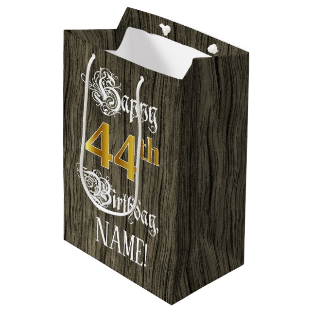 44th Birthday: Faux Gold Look & Faux Wood Pattern Medium Gift Bag (Front Angled)