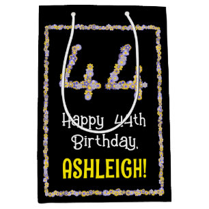 44th Birthday: Floral Flowers Number, Custom Name Medium Gift Bag