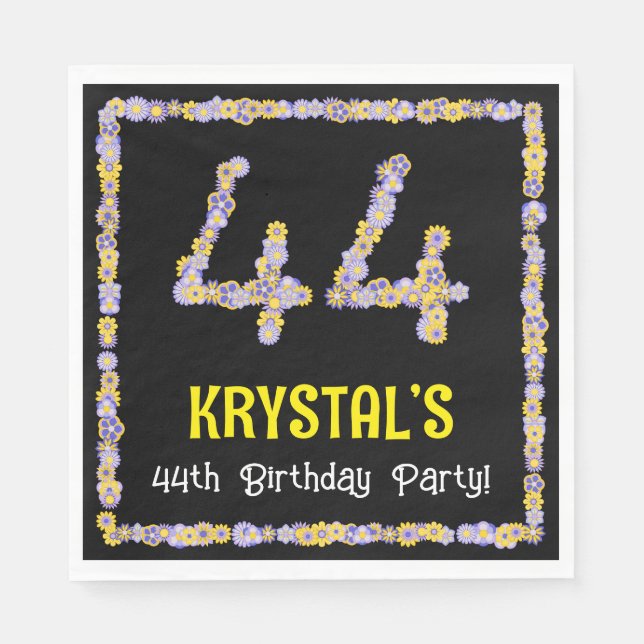 44th Birthday: Floral Flowers Number, Custom Name Napkins (Front)