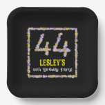 [ Thumbnail: 44th Birthday: Floral Flowers Number, Custom Name Paper Plates ]