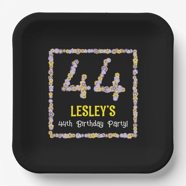44th Birthday: Floral Flowers Number, Custom Name Paper Plates (Front)