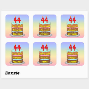 44th Birthday: Fun Cake and Candles + Custom Name Square Sticker