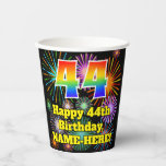 [ Thumbnail: 44th Birthday: Fun Fireworks Pattern + Rainbow 44 Paper Cups ]