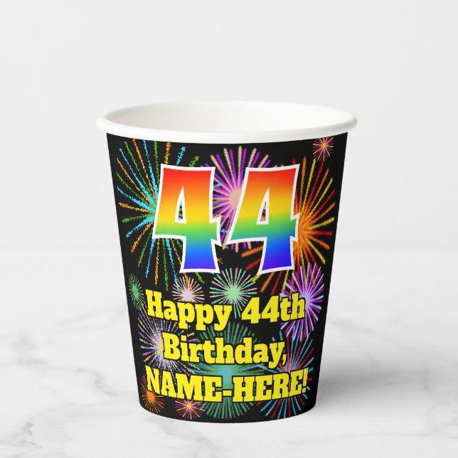 44th Birthday: Fun Fireworks Pattern + Rainbow 44 Paper Cups (Front)