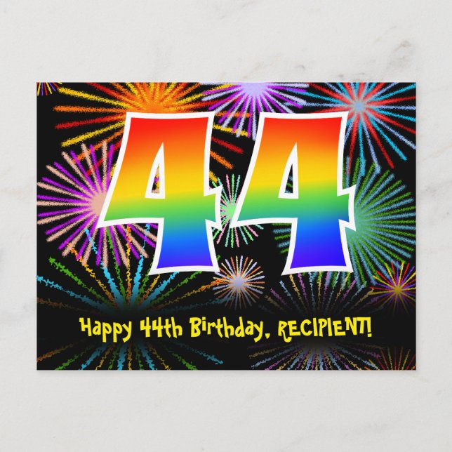 44th Birthday – Fun Fireworks Pattern + Rainbow 44 Postcard (Front)