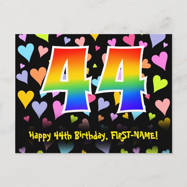 44th Birthday: Fun Hearts Pattern, Rainbow 44 Postcard (Front)
