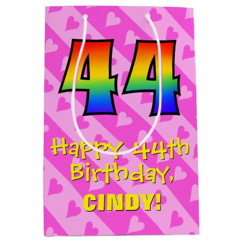 44th Birthday Fun Pink Hearts Stripes Rainbow 44 Medium Gift Bag