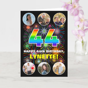 44th Birthday: Fun Rainbow #, Custom Name & Photos Card