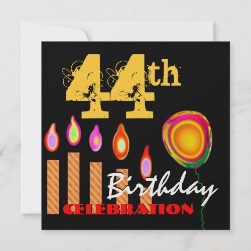 44th Birthday Gold Candles and Balloon Metallic Invitation