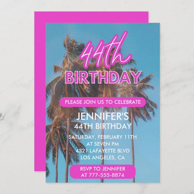 44th birthday invitation Summer Pink Palm tree (Front/Back)