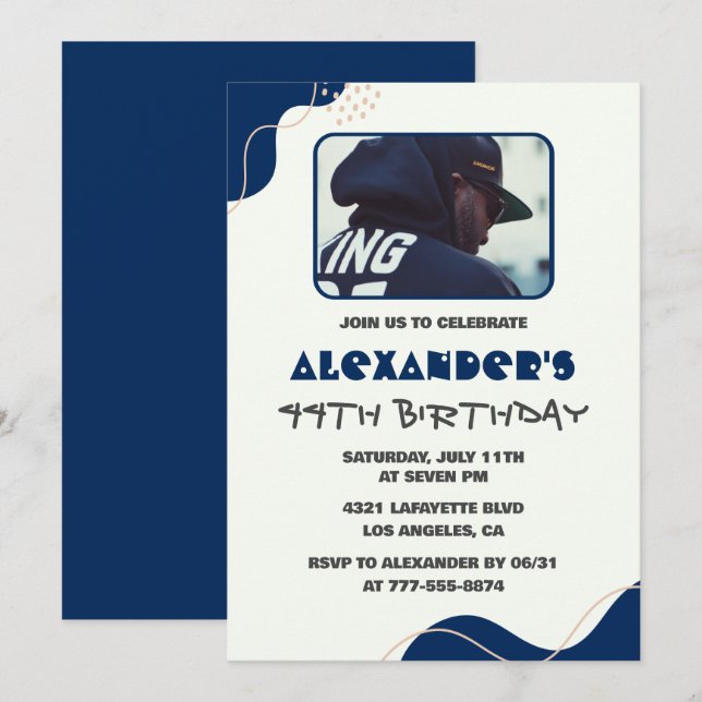 44th birthday invitations Men Navy Simple Photo (Front/Back)