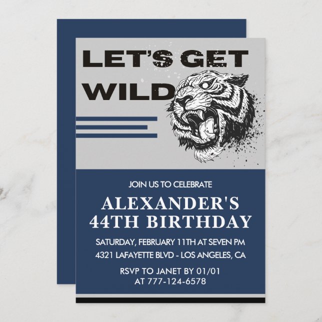 44th birthday invitations Men Tiger Let's Get Wild (Front/Back)