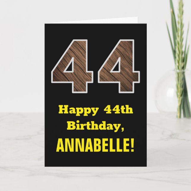 44th Birthday: Name, Faux Wood Grain Pattern "44" Card (Front)