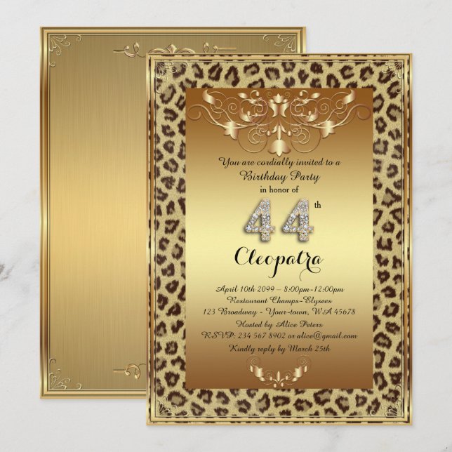 44th, Birthday Party 44th, Royal Cheetah gold plus Invitation (Front/Back)