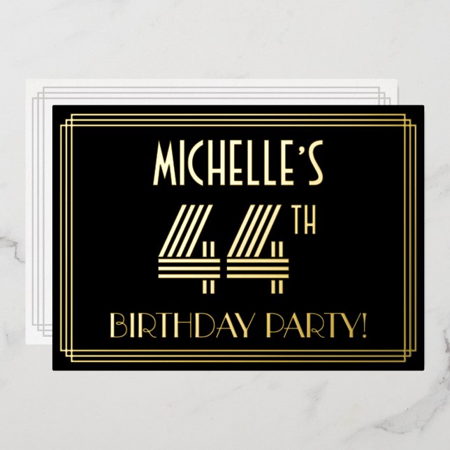 44th Birthday Party — Art Deco Style “44” + Name Foil Invitation (Front/Back)