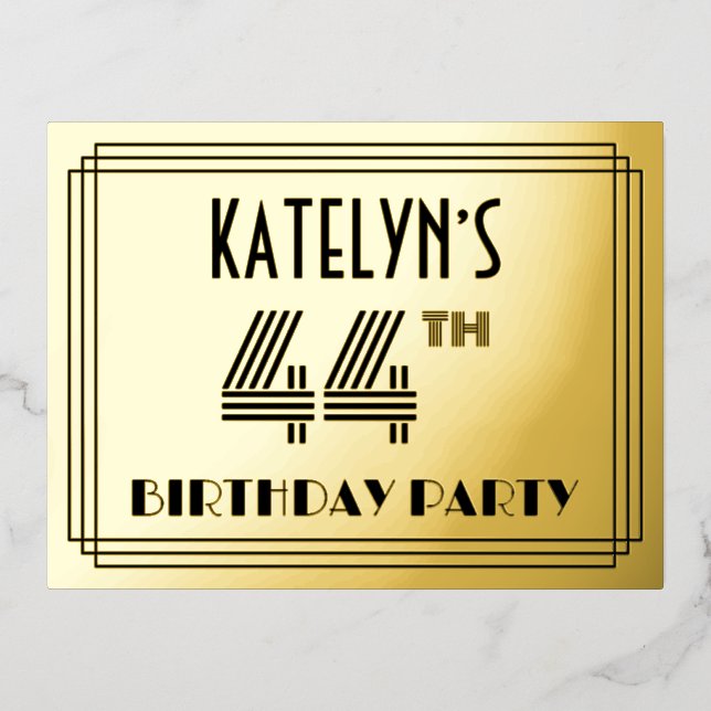 44th Birthday Party ~ Art Deco Style “44” + Name Foil Invitation Postcard (Front)