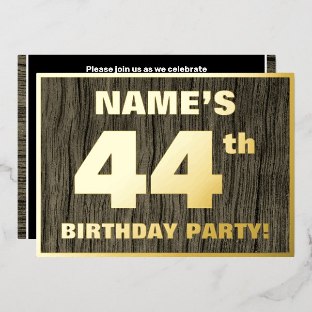 44th Birthday Party: Bold, Faux Wood Grain Pattern Foil Invitation (Front/Back)