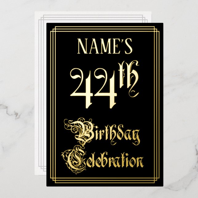 44th Birthday Party — Fancy Script & Custom Name Foil Invitation (Front/Back)