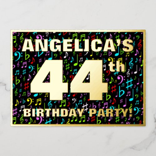 44th Birthday Party  Fun Colorful Music Symbols Foil Invitation