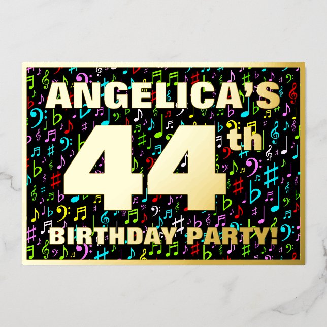 44th Birthday Party — Fun, Colorful Music Symbols Foil Invitation (Front)