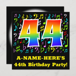 44th Birthday Party: Fun Music Symbols, Rainbow 44 Invitation