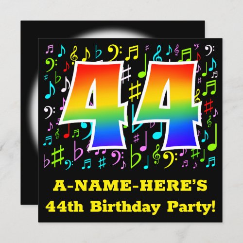 44th Birthday Party Fun Music Symbols Rainbow 44 Invitation