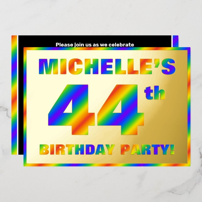44th Birthday Party — Fun, Rainbow Spectrum “44” Foil Invitation (Front/Back)