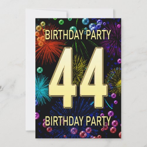 44th Birthday Party Invitation Fireworks Bubbles