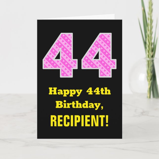 44th Birthday: Pink Stripes and Hearts "44" + Name Card (Front)