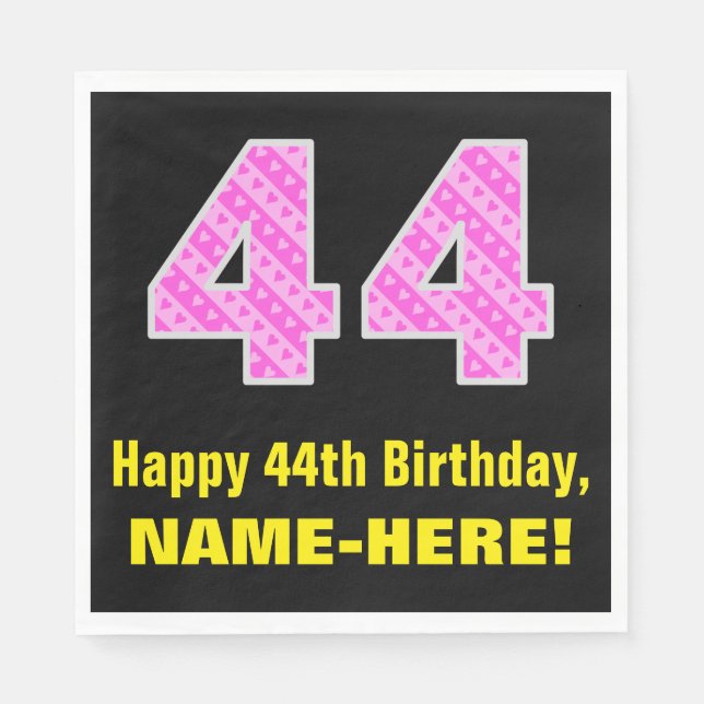 44th Birthday: Pink Stripes and Hearts "44" + Name Napkins (Front)
