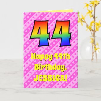 44th Birthday: Pink Stripes & Hearts, Rainbow # 44 Card | Zazzle