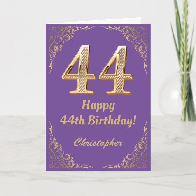 44th Birthday Purple and Gold Glitter Frame Card (Front)