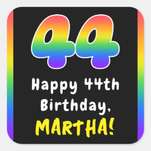 44th Birthday: Rainbow Spectrum # 44, Custom Name Square Sticker