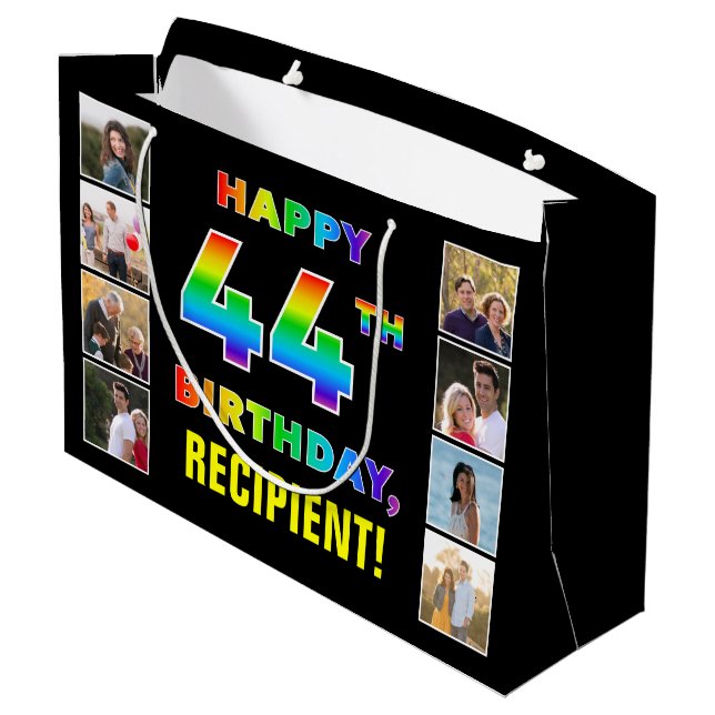 44th Birthday: Rainbow Text, Custom Photos & Name Large Gift Bag (Back Angled)