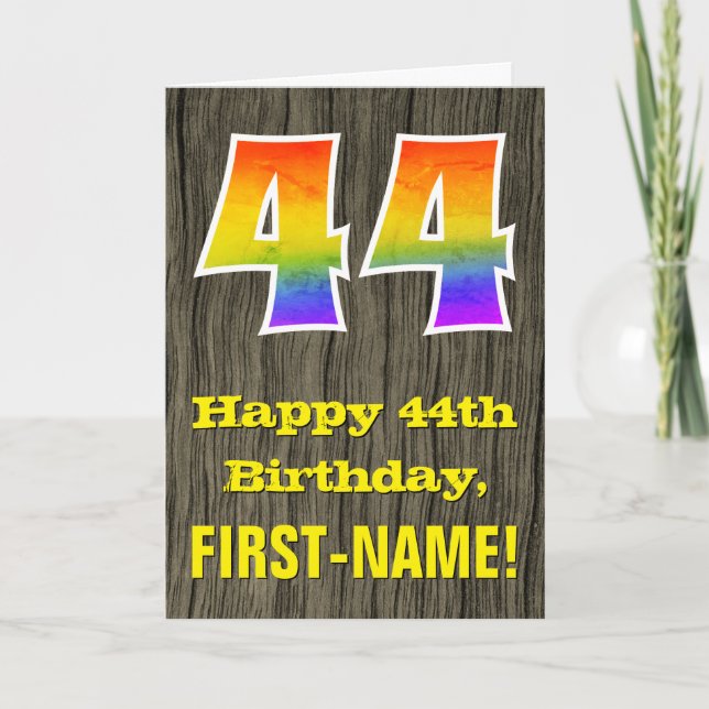 44th Birthday: Rustic Faux Wood Look, Rainbow "44" Card (Front)