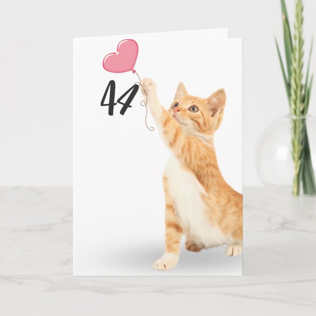 44th birthday tabby cat with heart balloon card (Front)