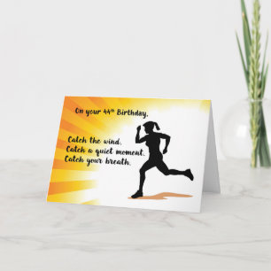 44th Birthday Woman Running Sunburst Background Card