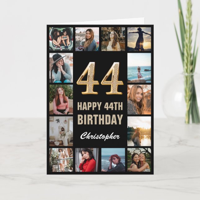 44th Happy Birthday Black and Gold Photo Collage Card (Front)