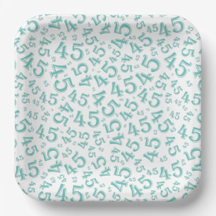 45 Random Number Pattern Teal/White Paper Plates