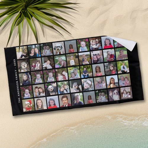45 Square Photo Collage Grid with Text _ black Beach Towel