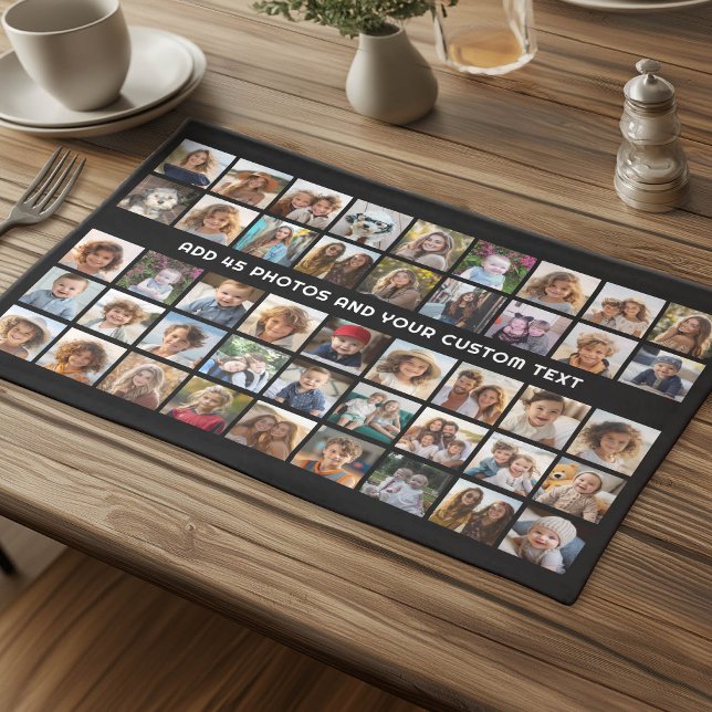 45 Square Photo Collage Grid with Text - black Cloth Placemat (Photo Collage Cloth Placemat)