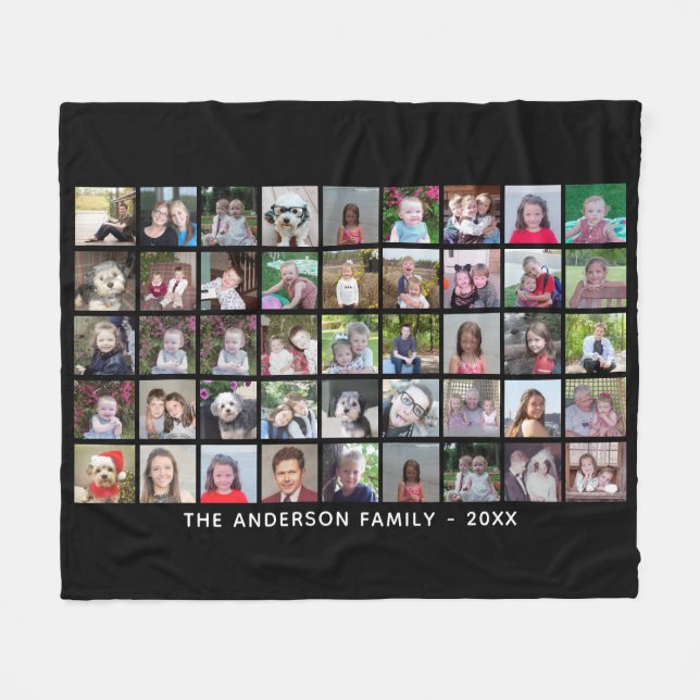 45 Square Photo Collage Grid with Text - black Fleece Blanket (Front (Horizontal))