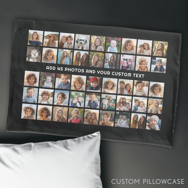 45 Square Photo Collage Grid with Text - black Pillow Case (Custom Photo Collage Pillowcase)