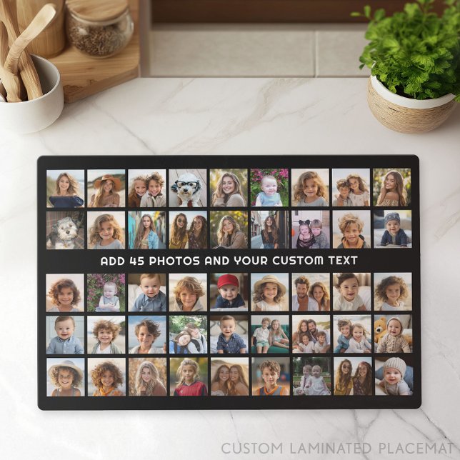 45 Square Photo Collage Grid with Text - black Placemat (Photo Collage Placemat)
