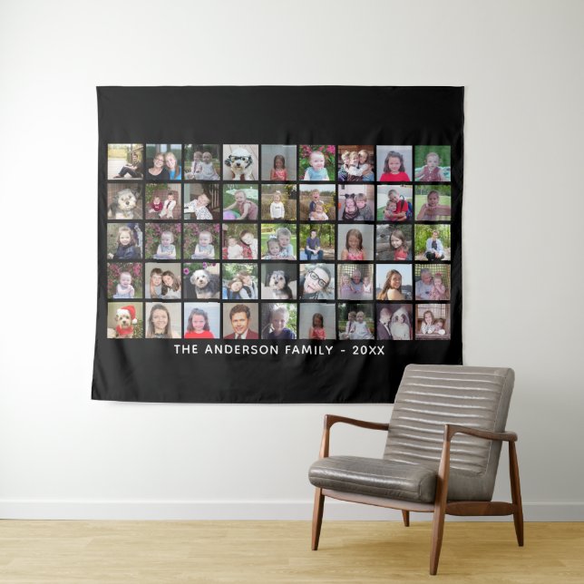 45 Square Photo Collage Grid with Text - black Tapestry (In Situ (Horizontal))