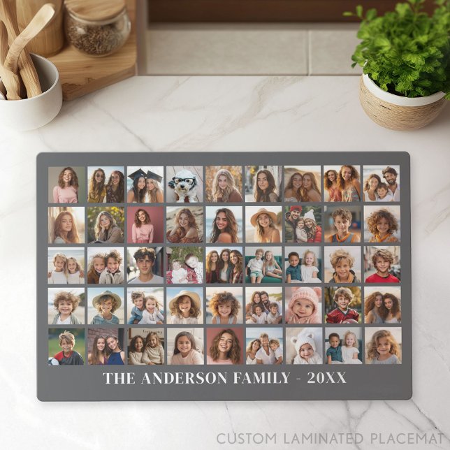 45 Square Photo Collage Grid with Text - grey Placemat (Photo Collage Placemat)
